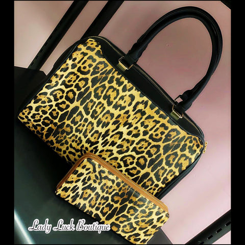 Leopard Leather Handbag w/ Wallet
